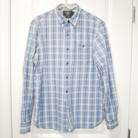RRL Double RL tab-collar indigo plaid utility shirt Medium - Picture 1 of 5
